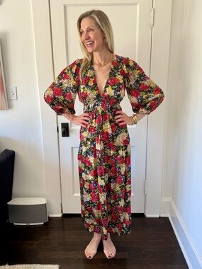 THE GREAT. Floral V-Neck Maxi Dress in Red, Yellow, Navy, Cream